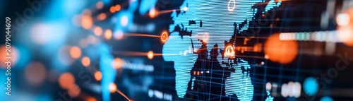 Input An image showing a digital, glowing world map with orange and blue tones, bokeh effects and lines suggesting connectivitydata flow. Task Write a including composition details,