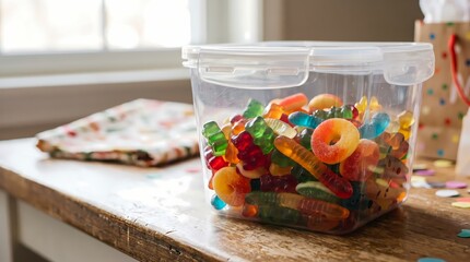 Cinematic photorealistic commercial photography of a container filled with colorful gummy bears on a wooden table indoors