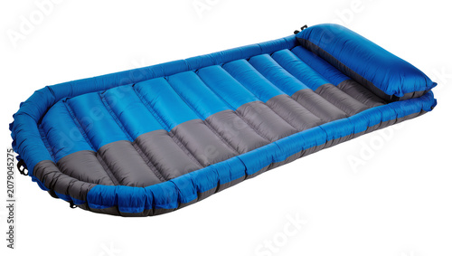 Photos Isolated inflatable camping sleeping pad with integrated pillow, comfortable out