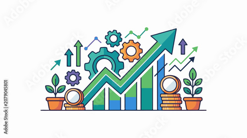 A colorful graphic showing a growing trend with charts gears plants and coins