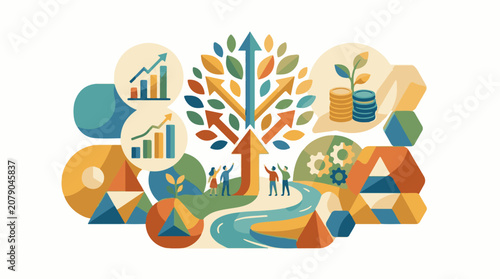 A colorful illustration depicting a tree with people and various business-related graphics