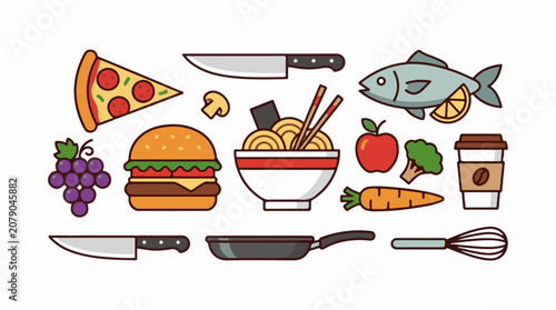 A colorful illustration of various food items and kitchen utensils on a white background