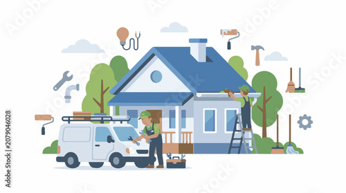 A house with two workers doing repairs