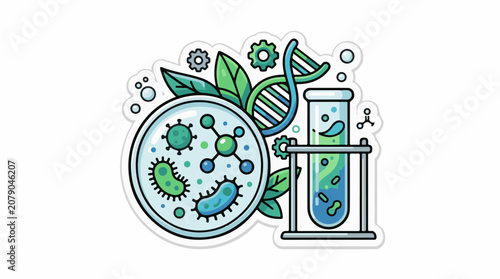 A petri dish with bacteria and a beaker with blue liquid