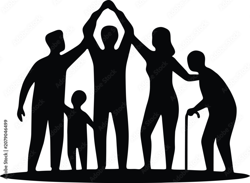 Fototapeta premium Happy multi generation family black silhouette vector illustration with parents, child, and elderly grandparents protecting each other