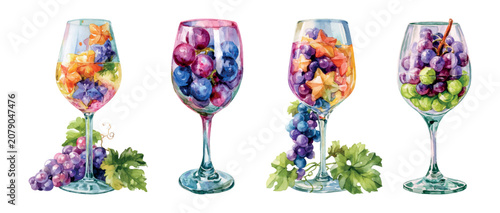 Photography Watercolor illustration featuring a row of four wine glasses overflowing with pl