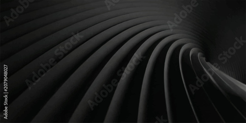 Abstract Black and White Metallic Spiral Tunnel Background with Silver Steel Waves Dark Curved Lines Blue Light Texture 3D Wallpaper Design Illustration