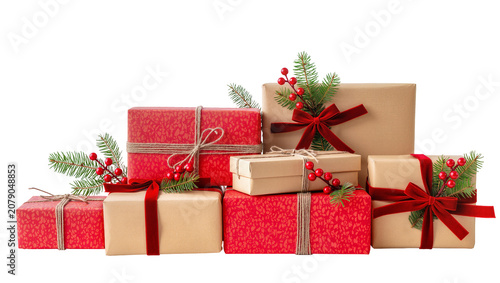 Fotografie Isolated festive Christmas gift boxes and presents adorned with ribbons, pine branches, and red berries