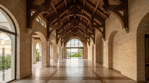 Spacious resort hallway with vaulted wooden ceiling and arched windows in warm natural light