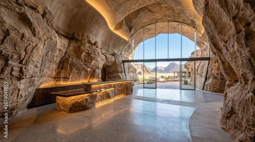 Modern luxury resort reception carved from natural stone with panoramic desert mountain view