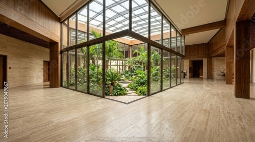 Spacious modern indoor garden atrium with lush greenery and natural light in luxury resort lounge