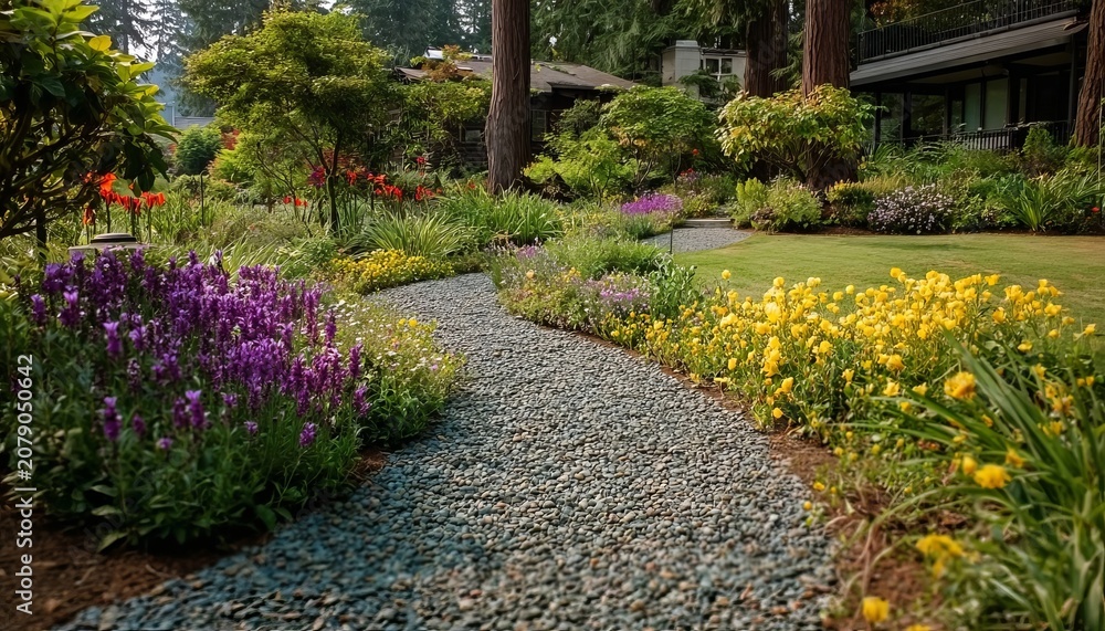 Fototapeta premium Beautiful Landscape Garden Featuring A Winding Gravel Path Surrounded By Colorful Flowers At Sunrise