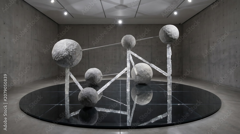 Fototapeta premium Suspended Sculptural Installation in Minimalist Gallery with Dramatic Lighting