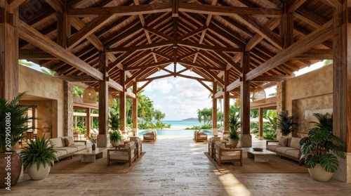 Spacious tropical resort lobby with wooden beams leading to ocean view and lounge seating area