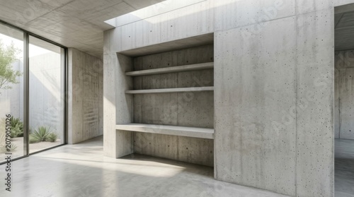 Minimalist concrete workspace with floating wooden shelves in modern industrial interior design