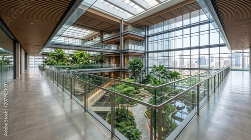 Modern office atrium with lush indoor garden and natural light in contemporary architecture