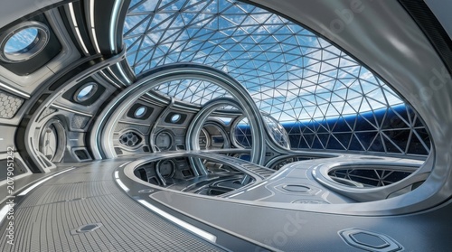 Futuristic Zero Gravity Architectural Chamber with Curved Metallic Structures and Glass Dome