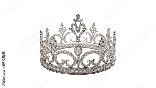 Elegant sparkling silver tiara crown jewelry accessory for royalty isolated on transparent background