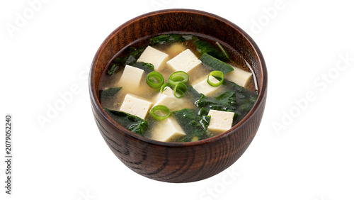 Traditional Japanese miso soup with tofu seaweed and scallions isolated on transparent background