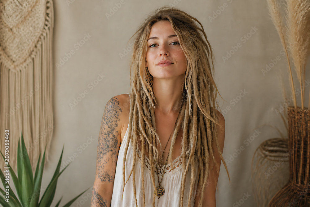 Fototapeta premium A young woman with long dreadlocks is posing indoors against a neutral background with dried grasses and plants.
