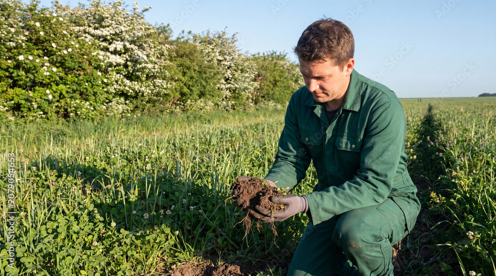 Fototapeta premium Farmer Inspecting Living Soil Beside Diverse Cover Crop Field