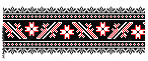 Traditional Chernihiv Ukrainian embroidery ornament, eight-pointed Alatyr stars on black symbolizing sun and protection with stylized floral border. Repeated vector pattern