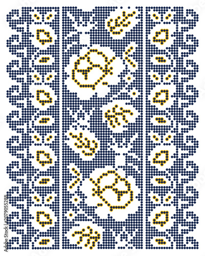 Classic Chernihiv Ukrainian roses (troyandy) ornament in beaded blue yellow style, floral ornament symbolizing and womanhood