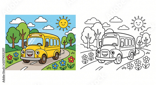 Cheerful school bus coloring page pair showing a colored yellow bus driving along a curved road through trees and flowers beside a clean black outline scene