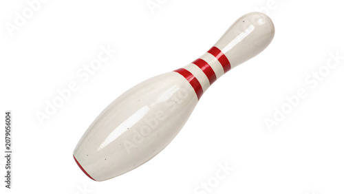 Konstfotografi Single white ceramic bowling pin with two iconic red stripes isolated on transpa