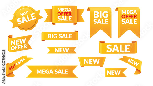 Foto Set of colorful sale and discount gift tags with ribbons in gold and orange colo