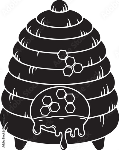 A detailed illustration of a traditional beehive with honeycomb and honey dripping from it