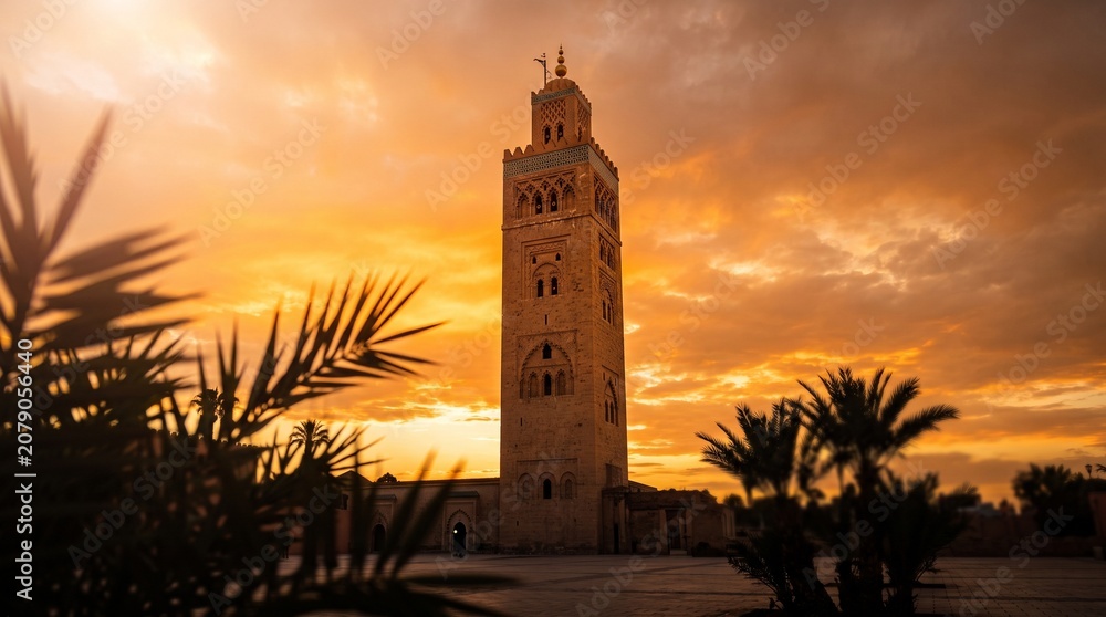 Obraz premium Scenic View of Famous Landmark Koutoubia Tower during Golden Hour