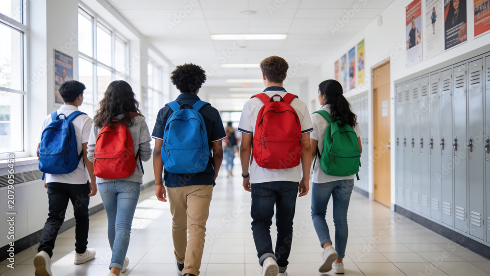 Obraz premium Diverse students walking through a bright school hallway with backpacks between classes.