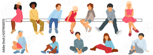 Set of images of people, children and teenagers sitting on a bench, vector graphics, different colors, cartoon character, silhouettes, design concept in flat icon style, isolated on white background