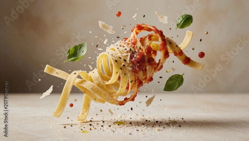 Dish tagliatelle pasta tossed air long thin covered red sauce chunks tomato grated parmesan cheese there basil