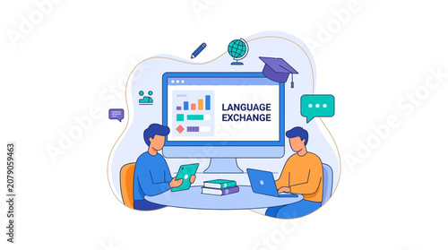 Two people engaged in language exchange online with a large computer monitor displaying educational content.