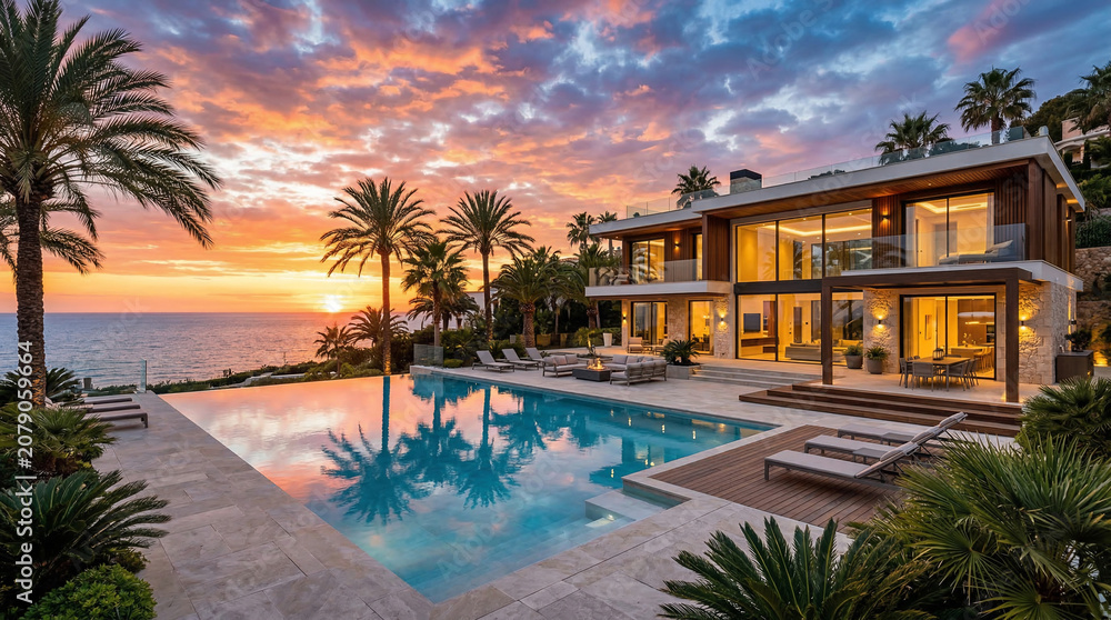 Fototapeta premium Luxury Coastal Villa at Sunset: A magnificent modern villa with an infinity pool overlooks the ocean as the sun sets, casting a warm, golden glow over palm trees and the tranquil waters.