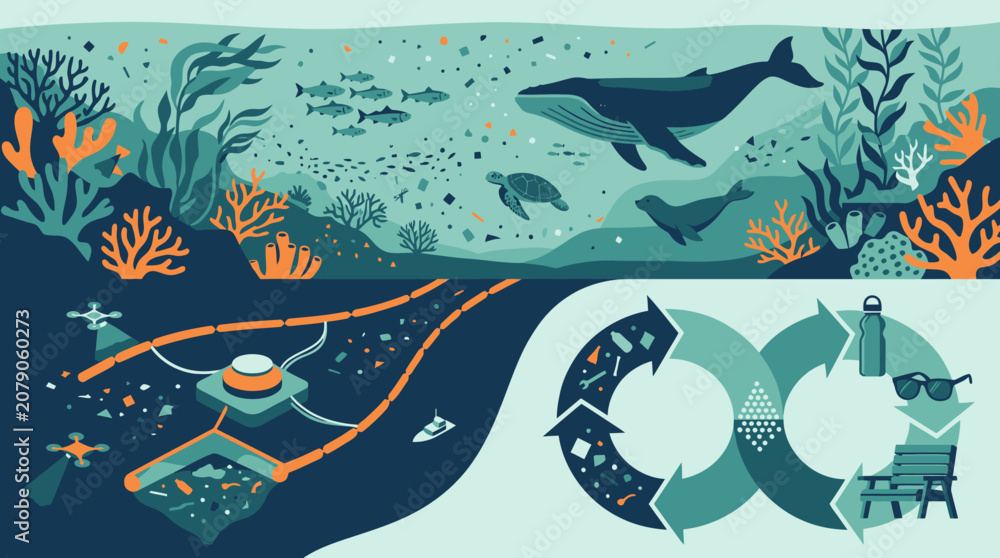 Obraz premium Environmental Concept of Ocean Plastic Pollution and Marine Conservation through Recycling and Circular Economy