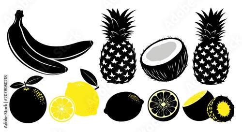 Foto Tropical fruit silhouettes collection with pineapple banana and lemon