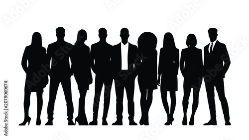 Silhouettes of Diverse People Standing in Line Against Dark Background for Social and Community Concepts