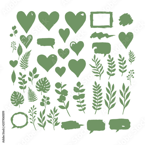 Olive green heart and leaf illustrations on white background for valentine's day or love themed designs and social media posts