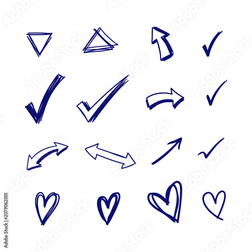 Hand drawn blue icons set including arrows hearts checkmarks and triangles on white background for design and presentation