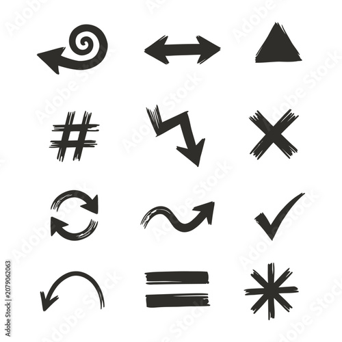 A collection of 13 black hand drawn brush stroke icons on white background for design and navigation