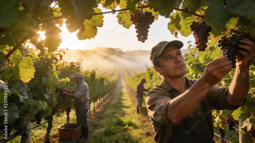 Fototapeta premium Workers harvesting ripe grapes in a sunlit vineyard, showcasing traditional viticulture, sustainable agriculture, teamwork, and premium wine production.