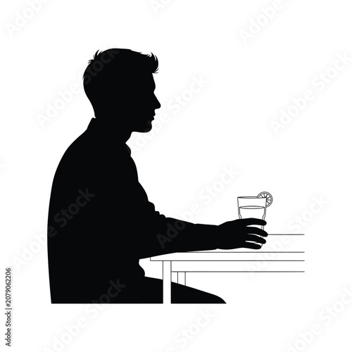 Man Sitting at Table Holding Refreshing Drink Minimalist Line Art Vector Illustration.