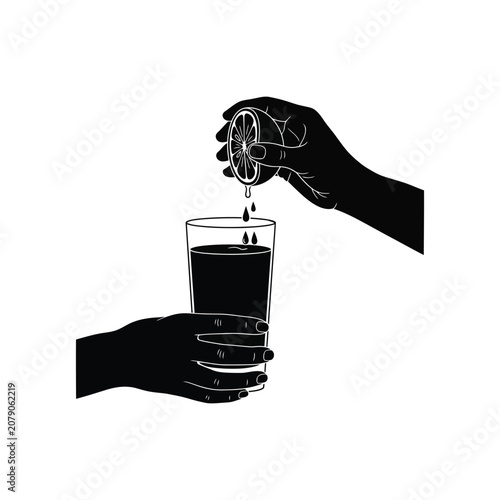 Hand Squeezing Fresh Lemon Juice into Glass Minimalist Beverage Line Art Vector Illustration.