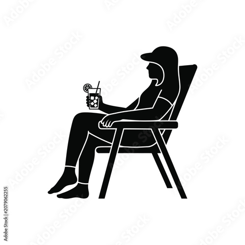 Woman Relaxing on Beach Chair Holding Iced Drink Minimalist Summer Line Art Vector Illustration.