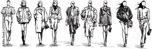 Fashion Illustration Collection of Women Models on Runway, Hand Drawn Clothing Design Sketches, Modern Female Outfit Concepts, Catwalk Fashion Line Art Set