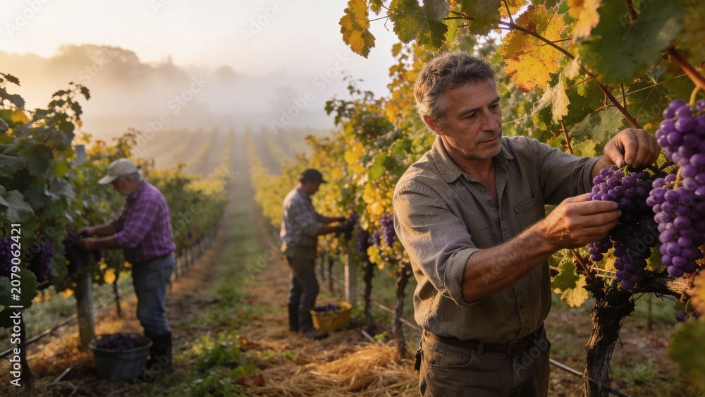 Fototapeta premium Winemakers harvesting ripe grapes in a sunlit vineyard, showcasing traditional viticulture, teamwork, sustainable agriculture, and premium wine production.