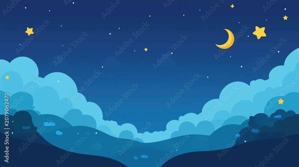 Obraz premium Cute cartoon night sky landscape with moon, stars and fluffy clouds, fantasy nature background illustration
